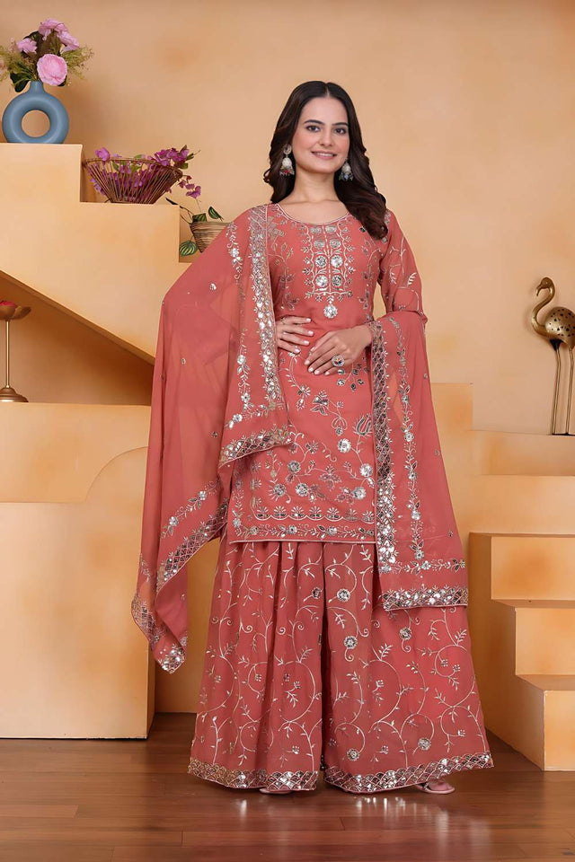 Peach Sequin with Embroidered Georgette Sharara Suit Set
