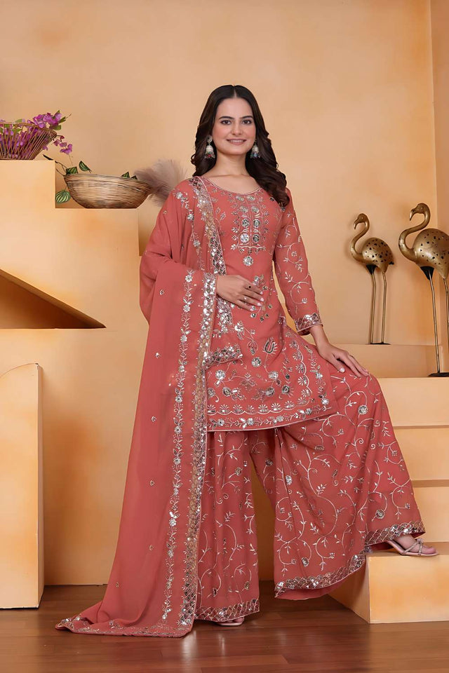 Peach Sequin with Embroidered Georgette Sharara Suit Set