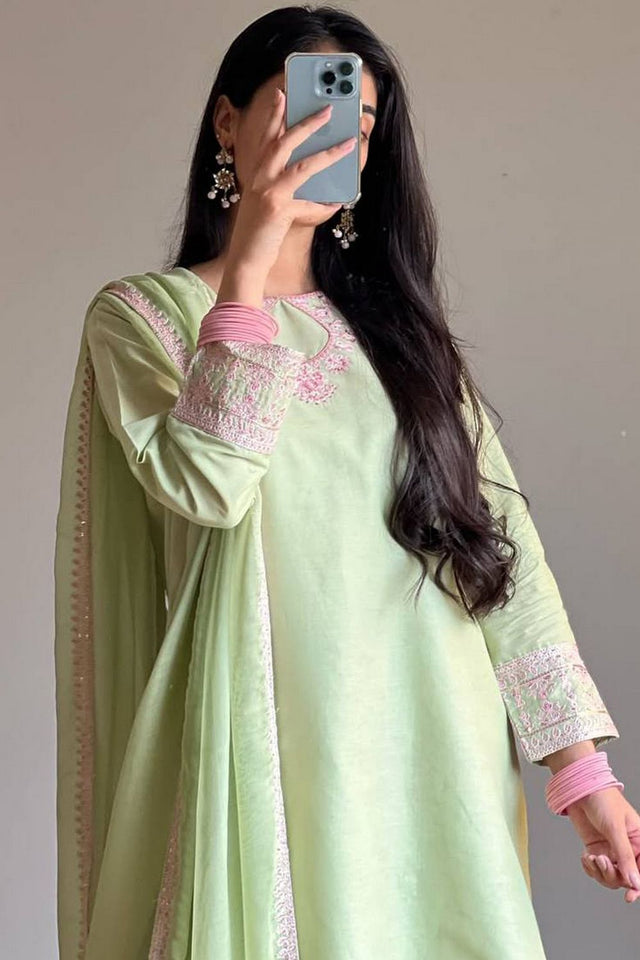 Green Embroidered Cotton Blend Kurti Palazzo Set (FM-468-LightGreen)