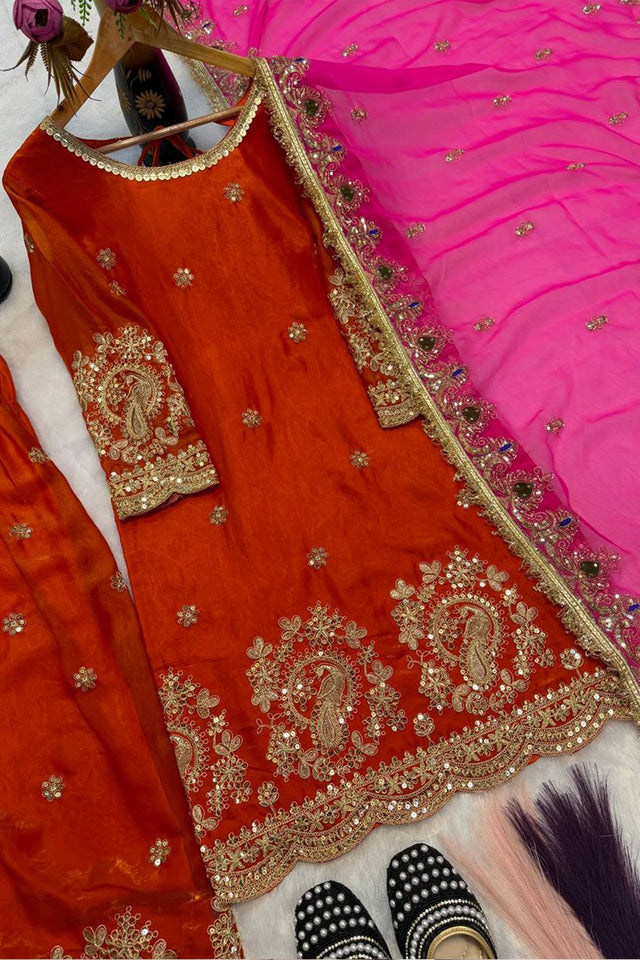 Orange Sequin with Embroidered Silk Straight Cut Suit (FM-498-ORANGE)