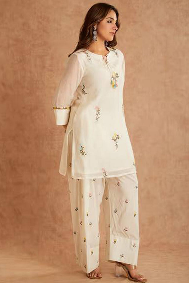 Cream Floral Embroidered Cotton Kurti Palazzo Set (FM-513)