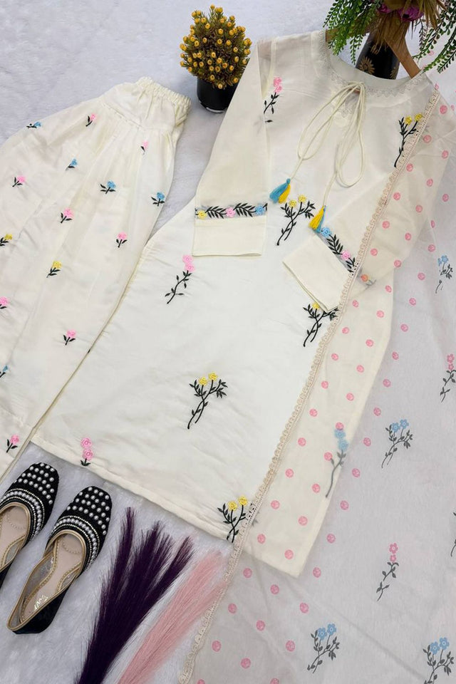 Cream Floral Embroidered Cotton Kurti Palazzo Set (FM-513)