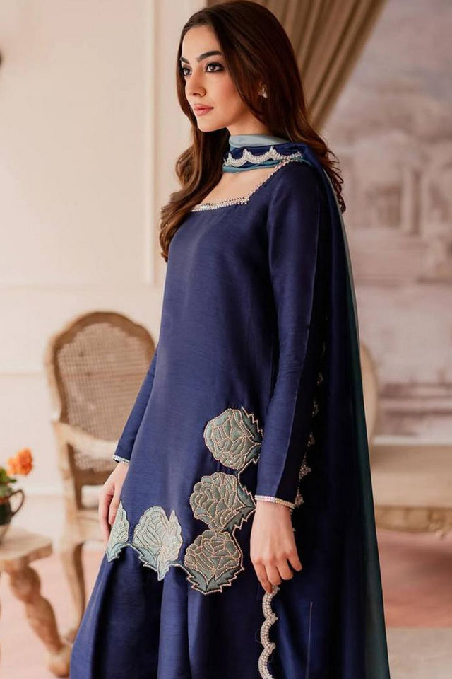 Blue Floral Embroidered Crepe Palazzo Suit (FM-516)
