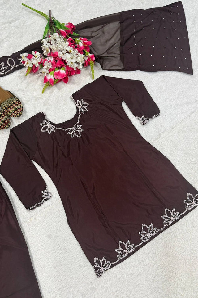 Brown Floral Embroidered Crepe Palazzo Suit (FN-1270-BROWN)