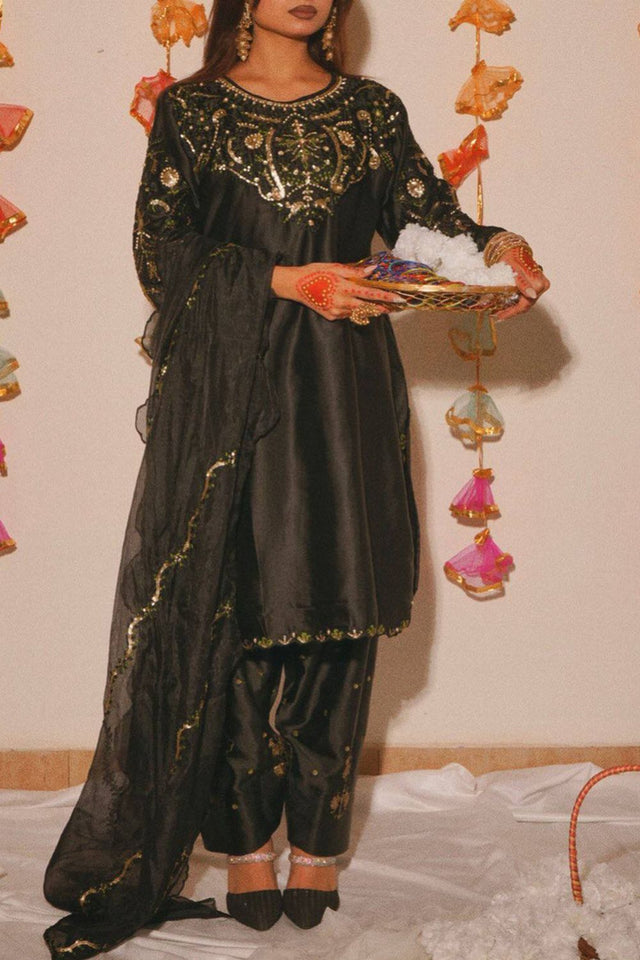 Black Embroidered Satin Straight Cut Suit (FN-1279)