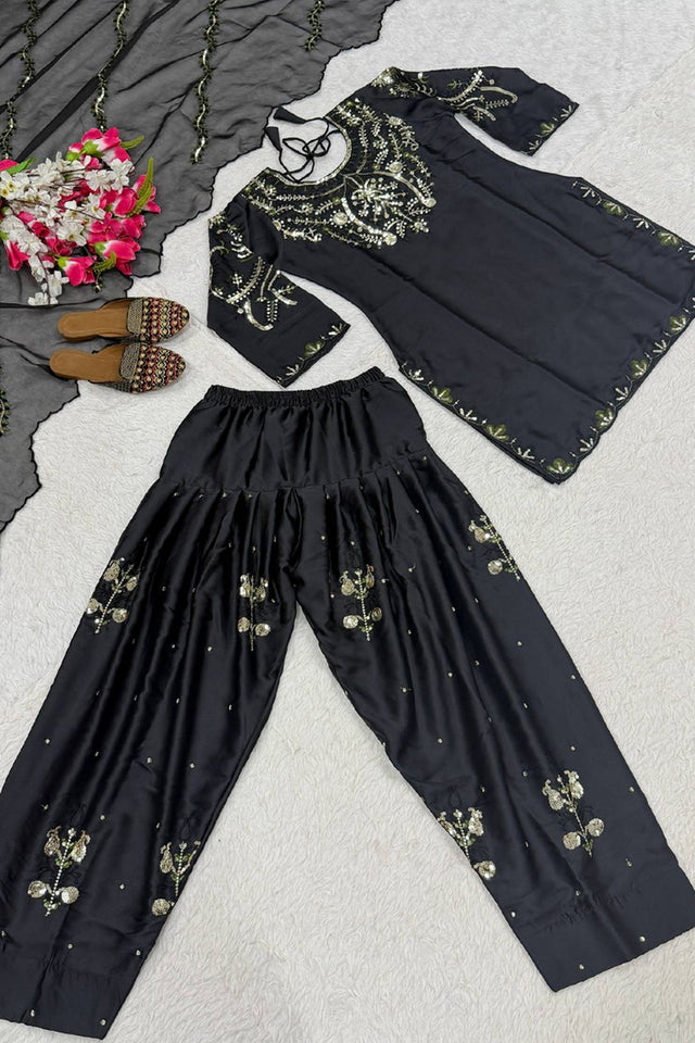 Black Embroidered Satin Straight Cut Suit (FN-1279)