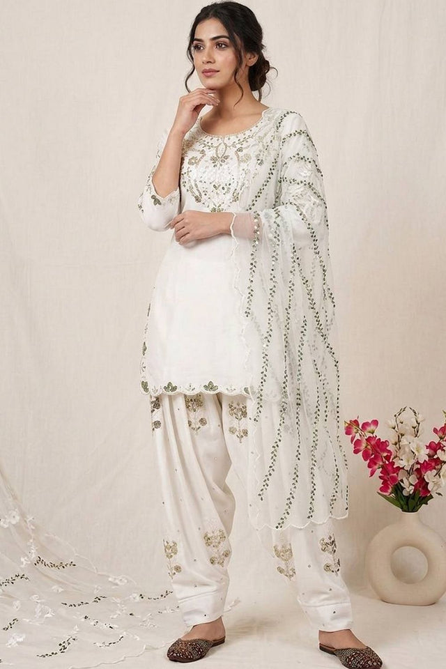 White Embroidered Satin Straight Cut Suit (FN-1279-WHITE)