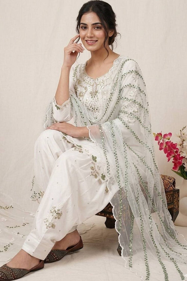 White Embroidered Satin Straight Cut Suit (FN-1279-WHITE)