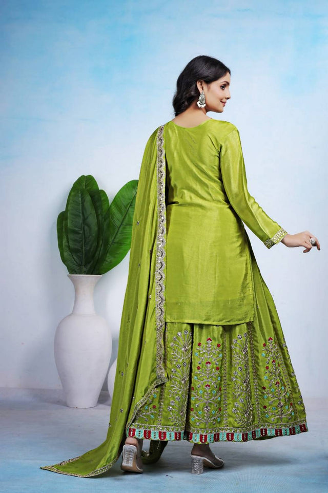 Dark Green Sequin with Embroidered Silk Sharara Suits