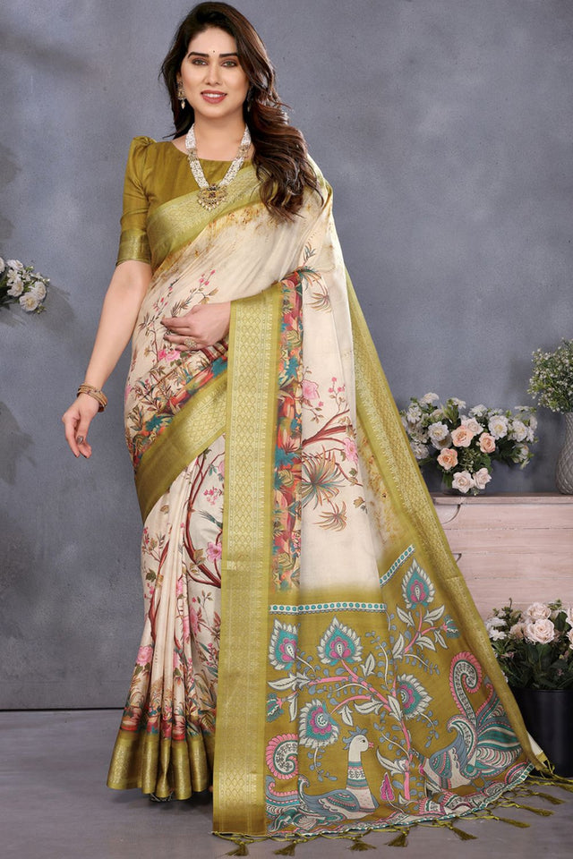 Green Printed Cotton Silk Saree (GAJANAND-OLIVE)