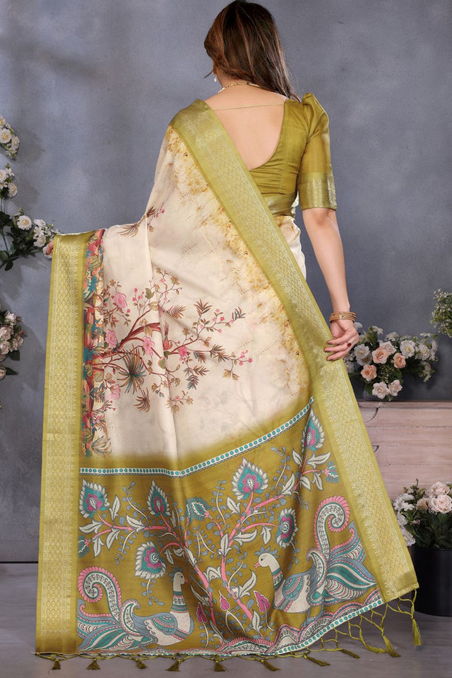 Green Printed Cotton Silk Saree (GAJANAND-OLIVE)