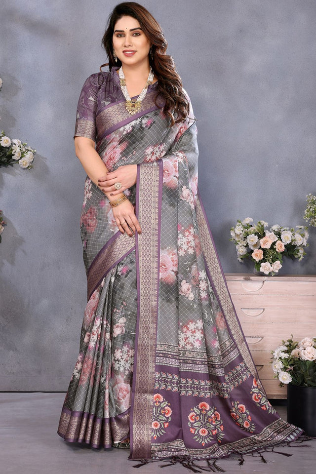 Wine Printed Cotton Silk Saree (GAJANAND-WINE)