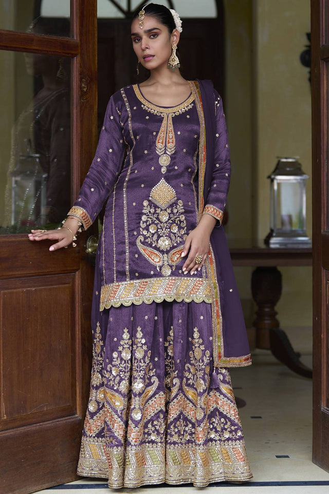 Maroon Sequin with Gotta Patti Art Silk Pakistani Suit Set (GULKAYRA TAIYBA1-7629-d)