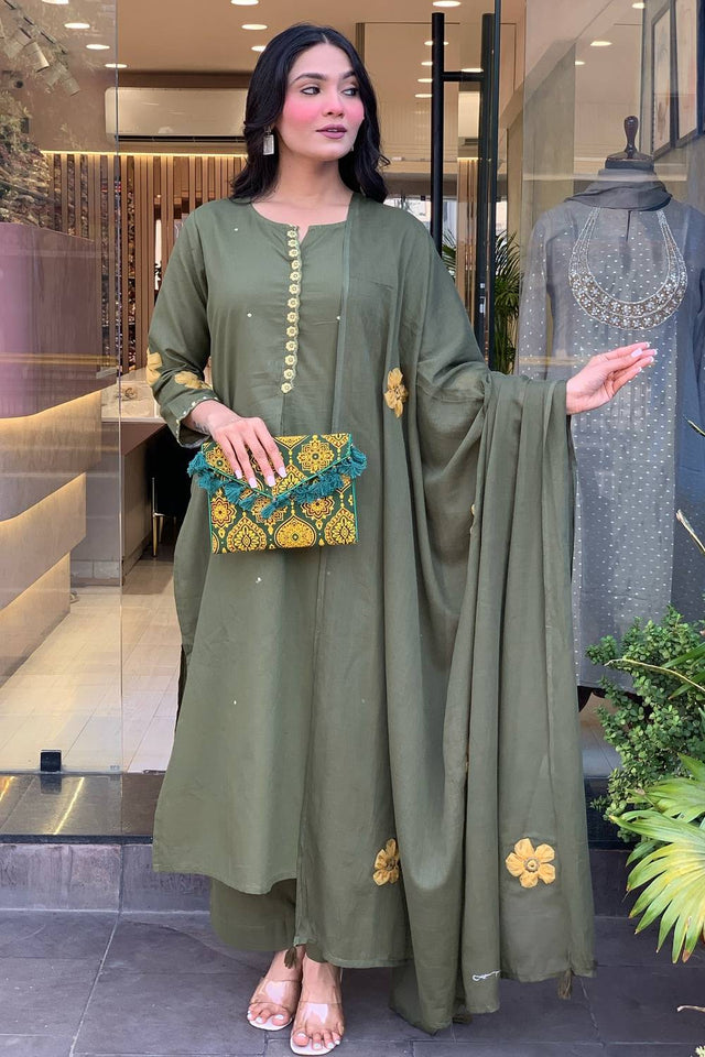 Mehendi Embroidered Chanderi Anarkali Suit Set