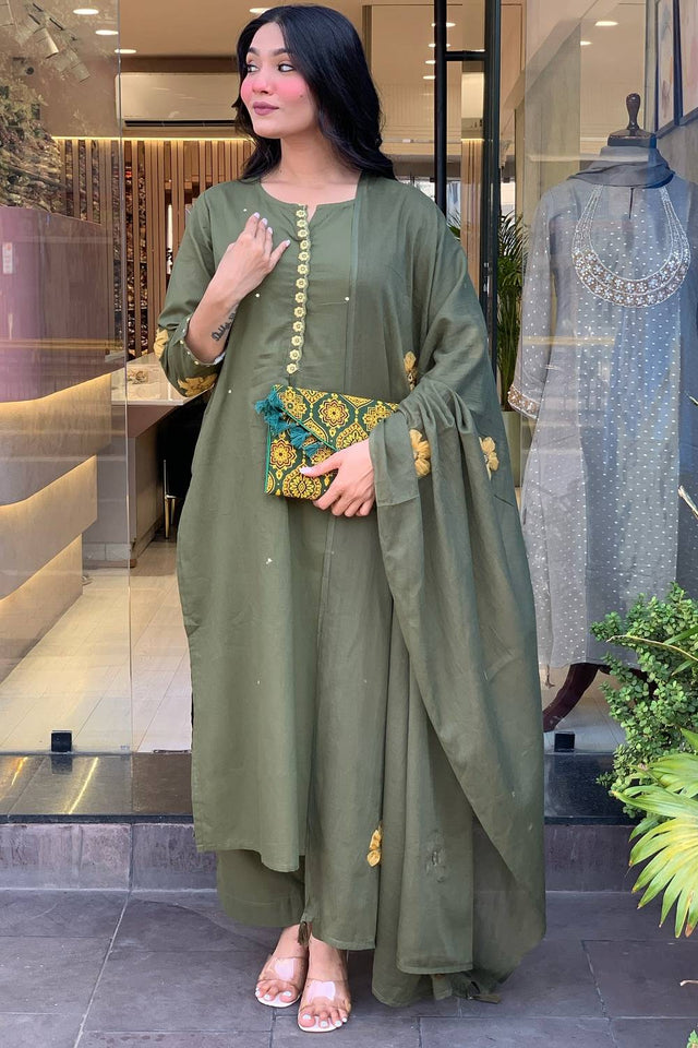 Mehendi Embroidered Chanderi Anarkali Suit Set