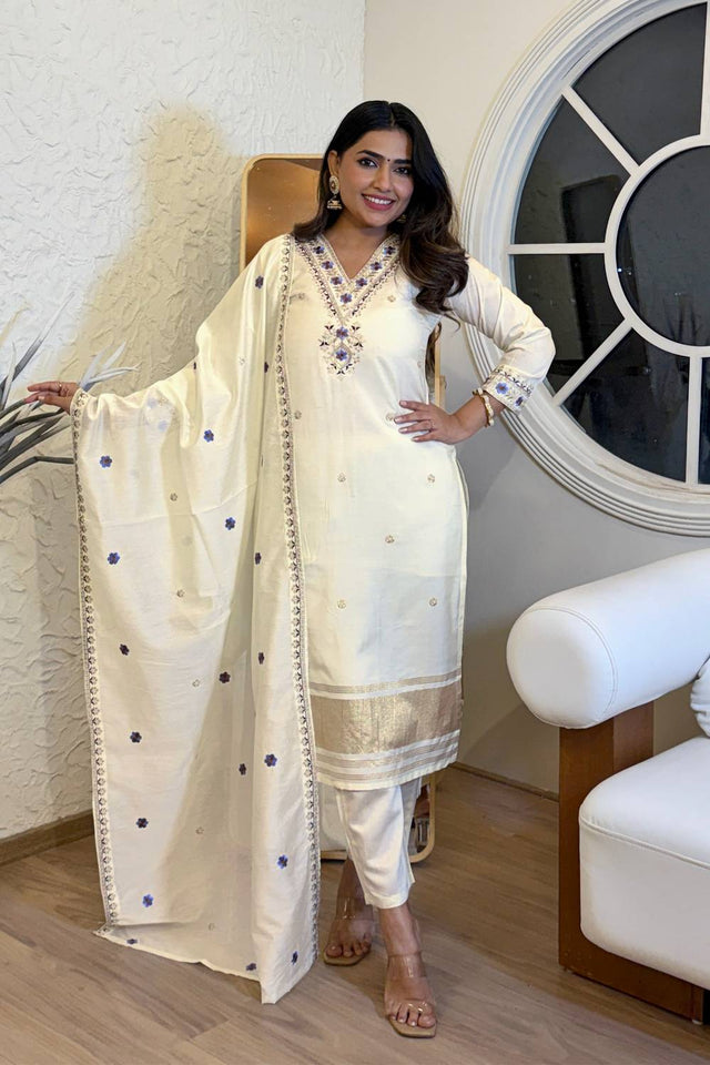 White Floral Embroidered Viscose Straight Cut Suit Set