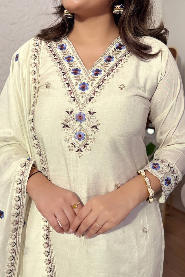 White Floral Embroidered Viscose Straight Cut Suit Set