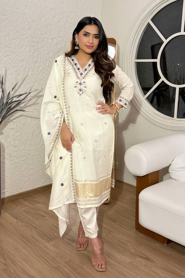 White Floral Embroidered Viscose Straight Cut Suit Set