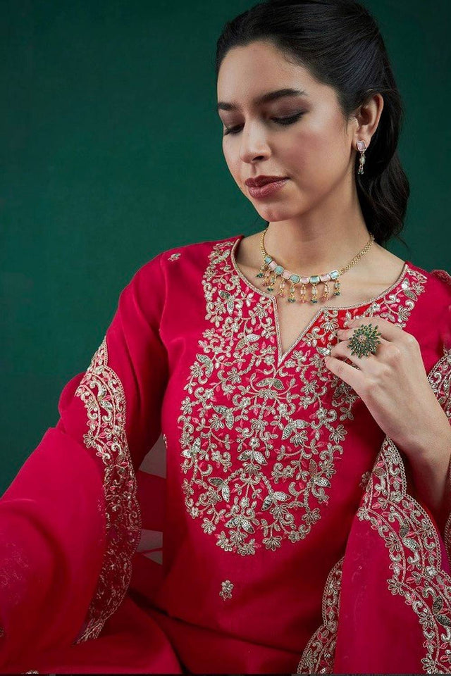 Pink Floral Embroidered Chanderi Straight Cut Suit Set