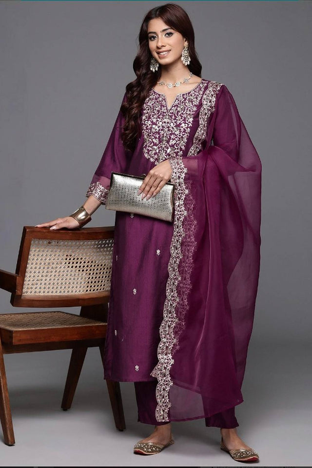 Wine Floral Embroidered Chanderi Straight Cut Suit Set
