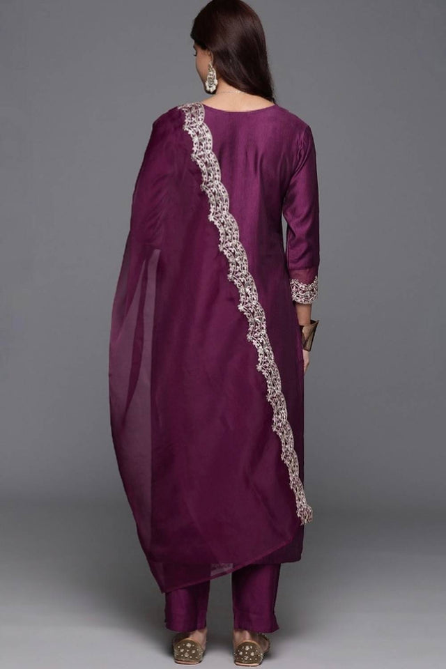 Wine Floral Embroidered Chanderi Straight Cut Suit Set