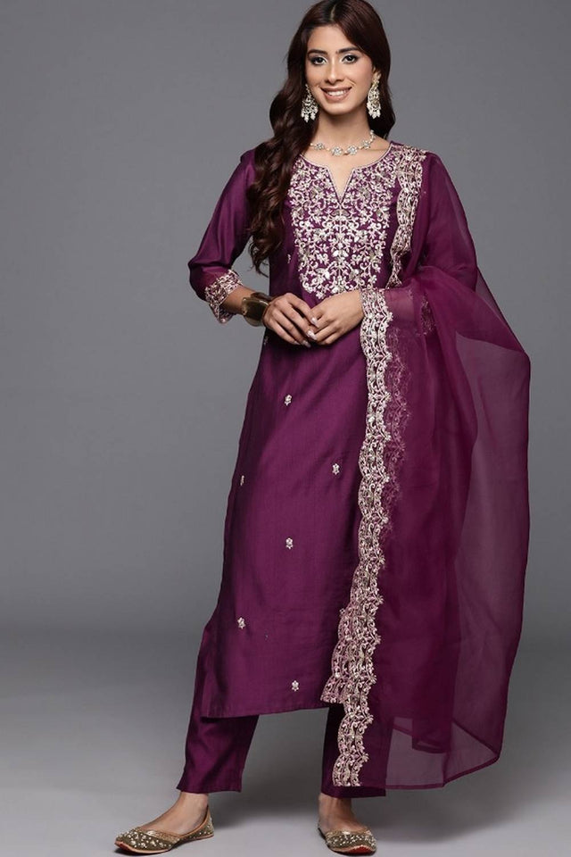 Wine Floral Embroidered Chanderi Straight Cut Suit Set