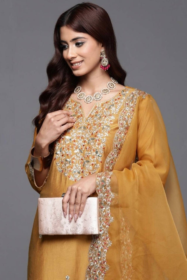 Yellow Floral Embroidered Chanderi Straight Cut Suit Set