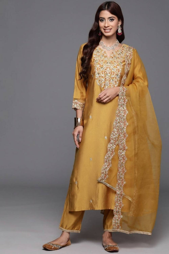 Yellow Floral Embroidered Chanderi Straight Cut Suit Set