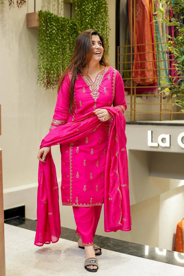 Pink Sequin with Embroidered Chanderi Straight Cut Suit Set
