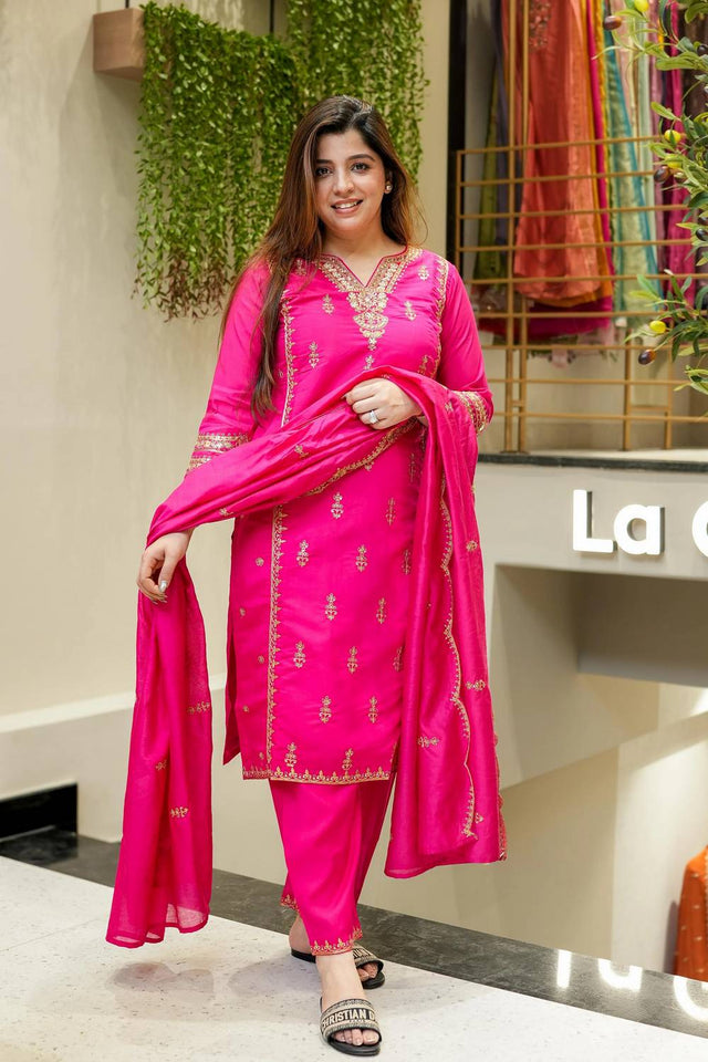 Pink Sequin with Embroidered Chanderi Straight Cut Suit Set