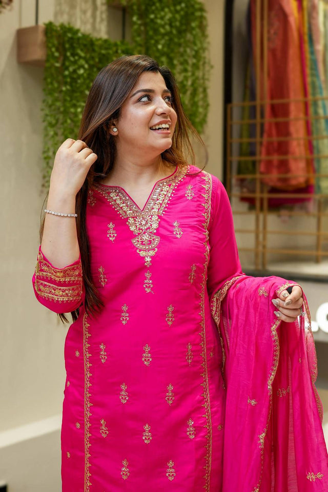 Pink Sequin with Embroidered Chanderi Straight Cut Suit Set