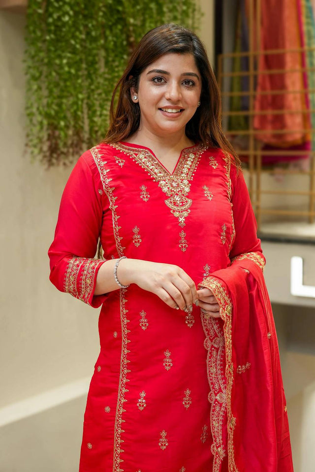 Red Sequin with Embroidered Chanderi Straight Cut Suit Set