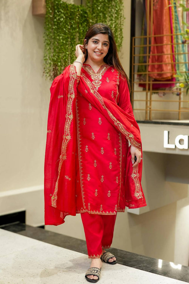 Red Sequin with Embroidered Chanderi Straight Cut Suit Set