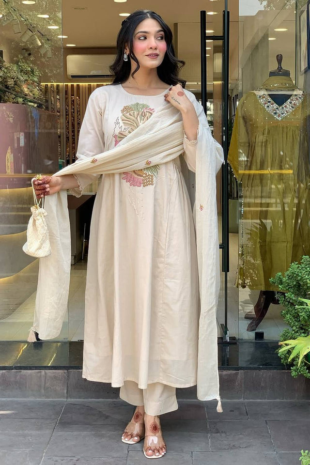 White Embroidered Rayon Anarkali Suit Set