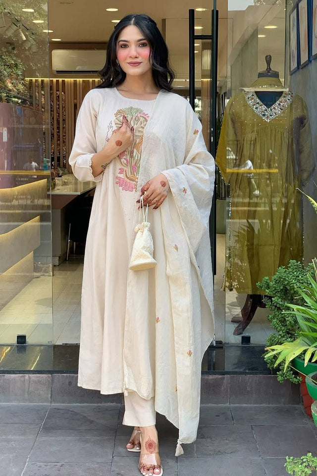 White Embroidered Rayon Anarkali Suit Set