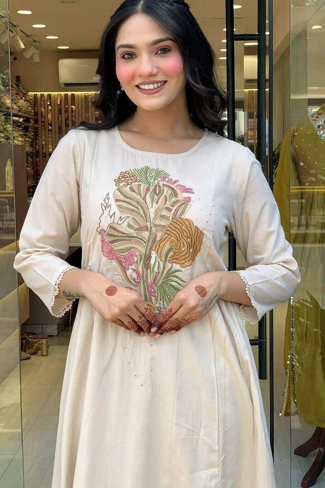 White Embroidered Rayon Anarkali Suit Set