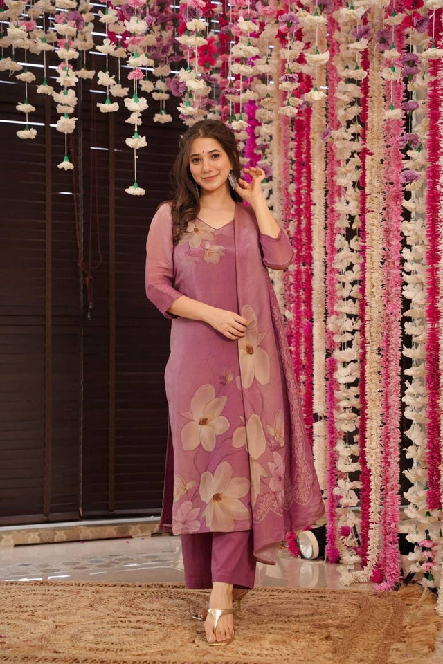 Pink Floral Printed Silk Straight Cut Suit Set