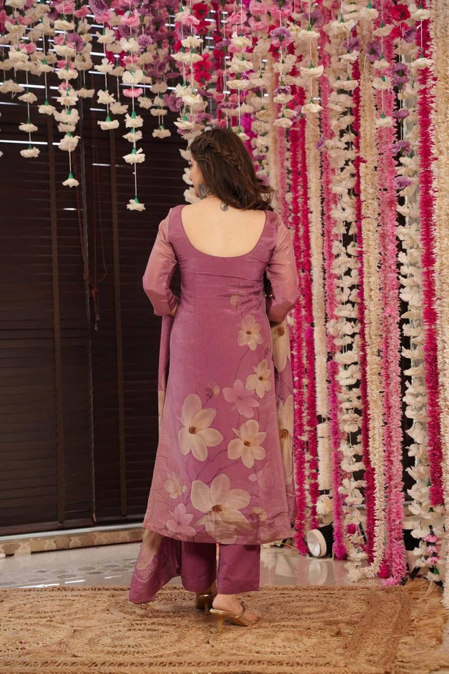 Pink Floral Printed Silk Straight Cut Suit Set