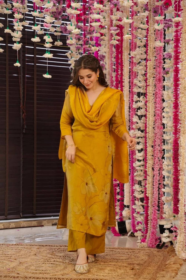 Yellow Floral Printed Silk Straight Cut Suit Set