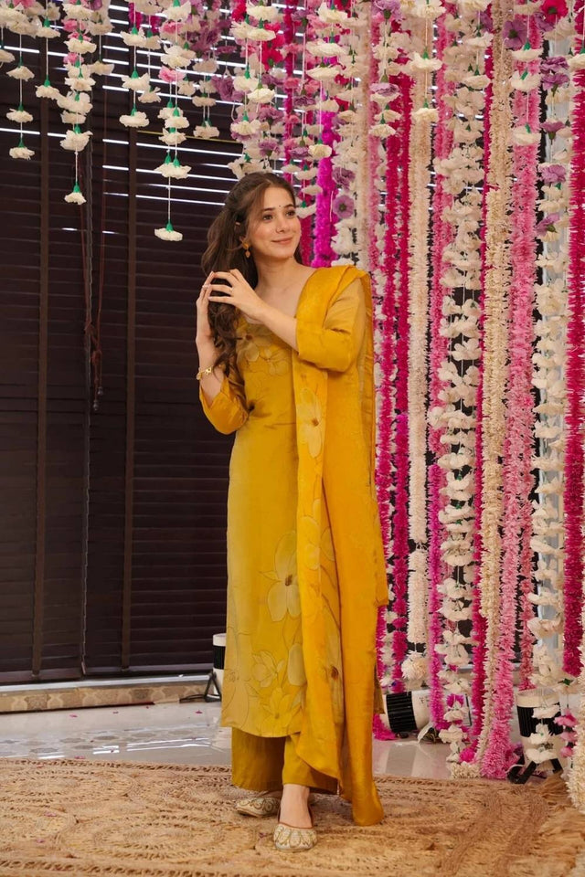Yellow Floral Printed Silk Straight Cut Suit Set