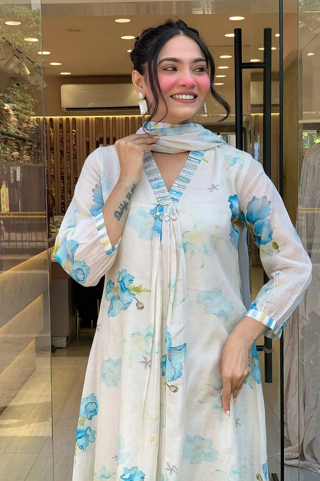 White Floral Printed Rayon Anarkali Suit Set