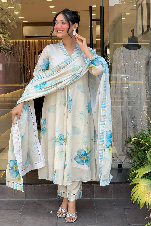 White Floral Printed Rayon Anarkali Suit Set