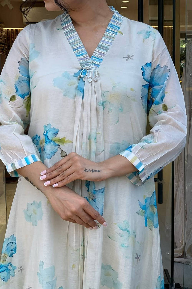 White Floral Printed Rayon Anarkali Suit Set