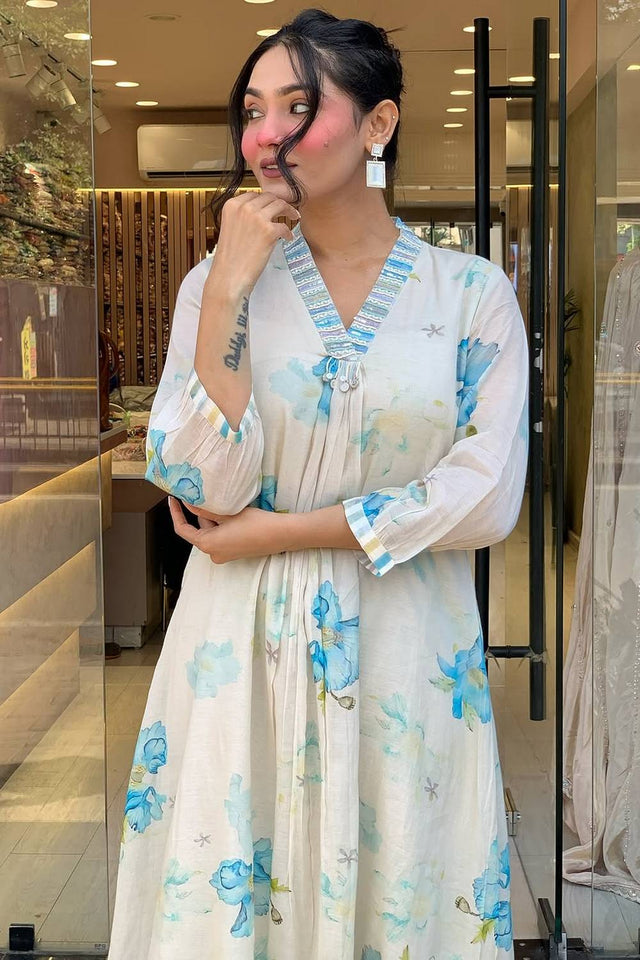 White Floral Printed Rayon Anarkali Suit Set