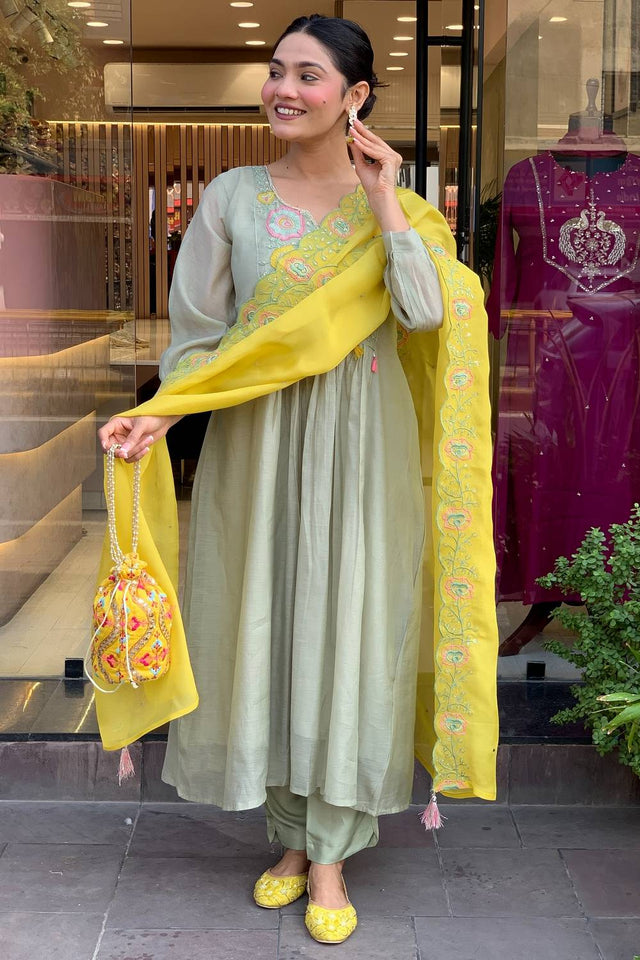 Grey Embroidered Silk Anarkali Suit Set