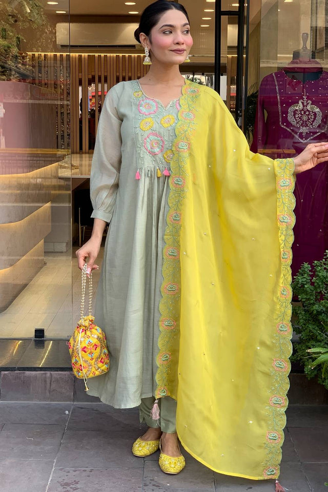 Grey Embroidered Silk Anarkali Suit Set