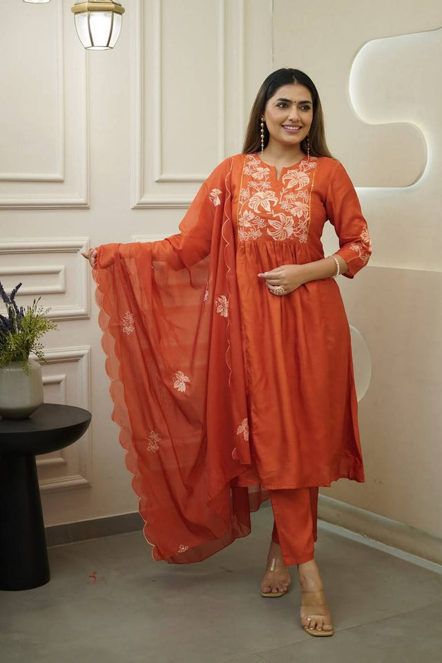 Orange Floral Embroidered Chinon Anarkali Suit Set