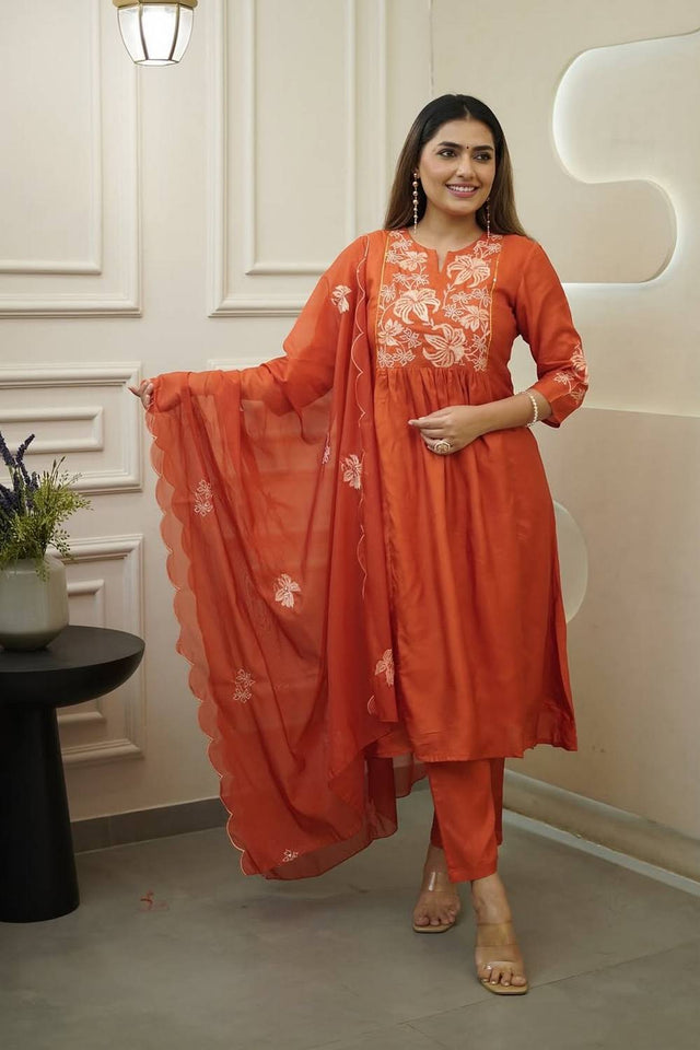 Orange Floral Embroidered Chinon Anarkali Suit Set