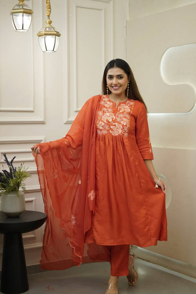 Orange Floral Embroidered Chinon Anarkali Suit Set