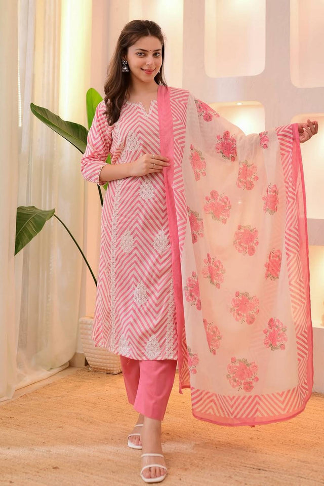 Pink Embroidered Cotton Straight Cut Suit Set